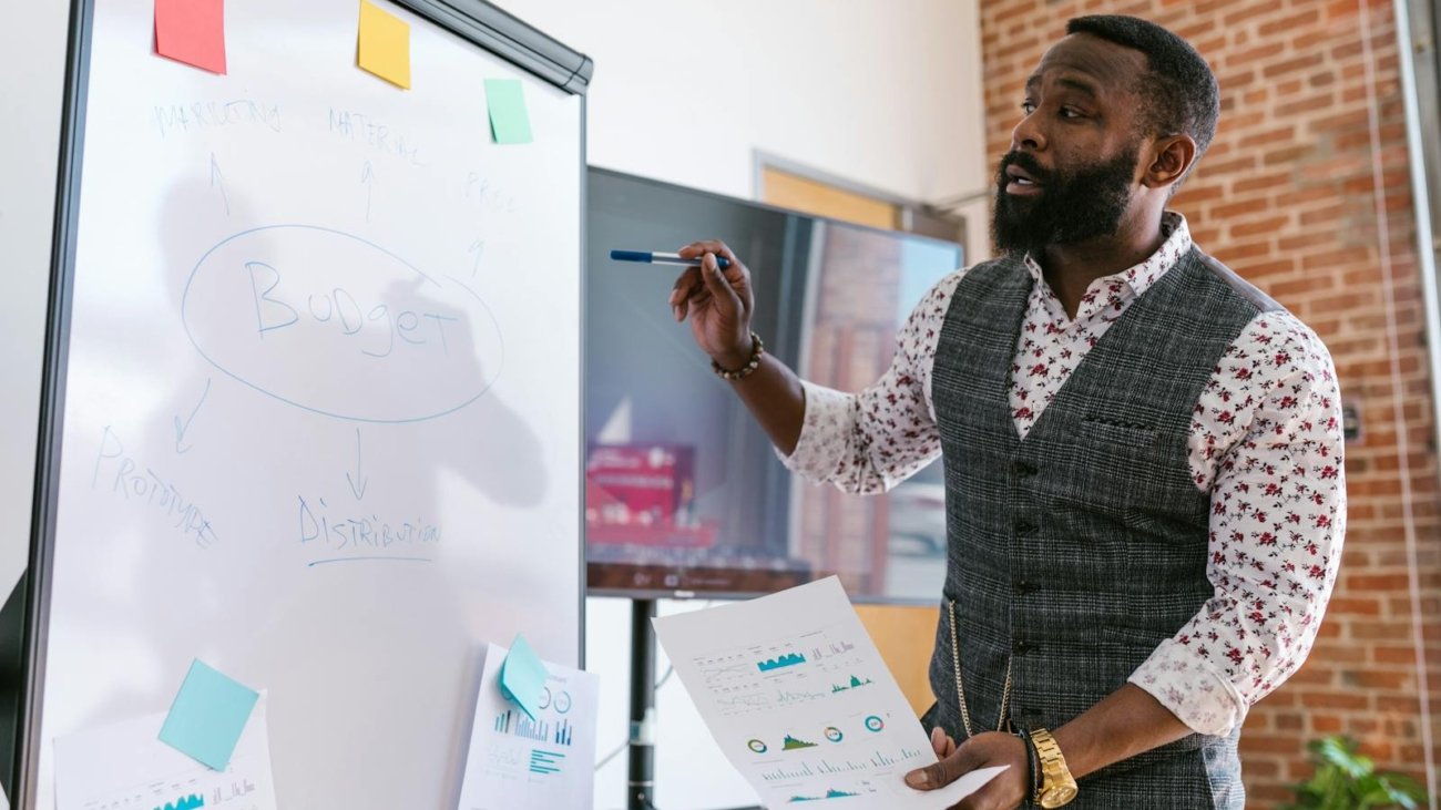 Professional presentation focused on budget planning in an office environment.